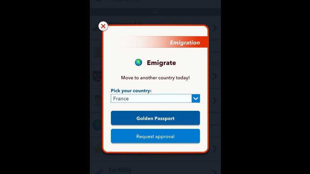 Pagpili ng isang lokasyon ng emigrasyon sa Bitlife