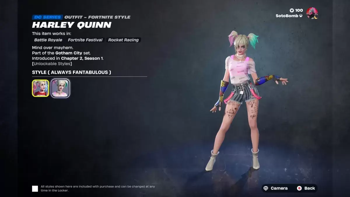 クエストに関する記事の一環として、FortniteのHarley Quinnスキン。