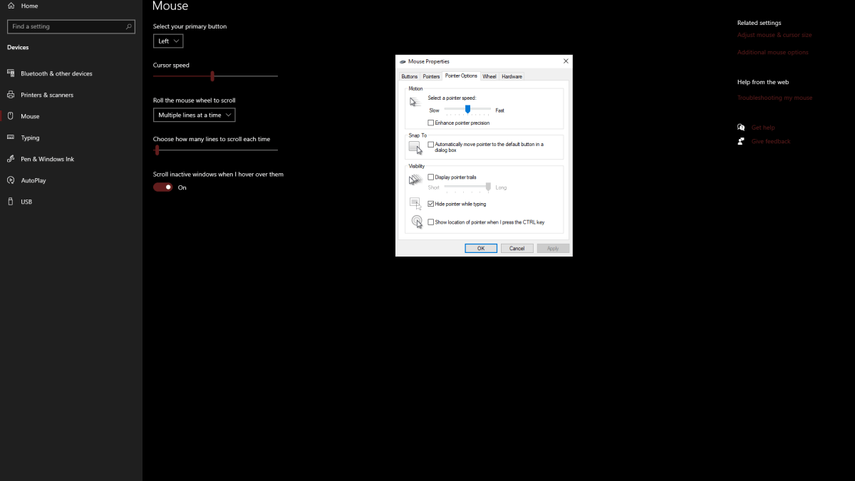 screenshot of Mouse settings in Windows 