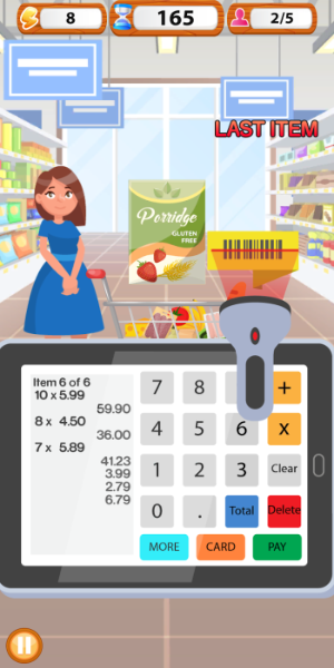 Supermarket Cashier Simulator Mod
</p>มาเป็นแคชเชียร์ในการฝึกอบรมและบริหารร้านขายของชำของคุณเอง!  ฝึกฝนทักษะคณิตศาสตร์จิตของคุณโดยการคำนวณราคา เปลี่ยนแปลง และจัดการธุรกรรมอย่างรวดเร็วและแม่นยำ เกมนี้มอบประสบการณ์ที่สนุกสนานและให้ความรู้แก่ทั้งเด็กและผู้ใหญ่<p>
</p>คุณสมบัติเด่น:<p>
</p><p>การจำลองเครื่องบันทึกเงินสดแบบโต้ตอบด้วยเครื่องสแกน เครื่องรูดบัตรเครดิต และเครื่องพิมพ์ใบเสร็จ</p><ul>รายการที่หลากหลายในราคาและปริมาณที่แตกต่างกันเพื่อท้าทายทักษะการคำนวณของคุณ<li></li>ฝึกฝน ทำการเปลี่ยนแปลงเพื่อให้จิตใจของคุณเฉียบแหลม<li></li>ใช้ทักษะทางคณิตศาสตร์ของคุณโดยป้อนรหัส PLU และสแกนบาร์โค้ด<li></li>ปลดล็อกใหม่ รายการขายของชำและอัพเกรดอุปกรณ์ลงทะเบียนเงินสดเพื่อขยายร้านของคุณ<li></li><li>ไม่ว่าคุณจะกำลังเตรียมตัวสำหรับงานหรือเพียงต้องการปรับปรุงสมาธิและสมาธิของคุณ เกมนี้มอบประสบการณ์ที่น่าตื่นเต้น ทดสอบทักษะของคุณในหลายระดับ โดยเลือกระหว่างโหมดหมดเวลาสำหรับความท้าทายหรือโหมดไม่กำหนดเวลาสำหรับการเล่นที่ผ่อนคลาย  เลือกสกุลเงินของคุณ: ดอลลาร์สหรัฐ ($), ปอนด์อังกฤษ (£) หรือดอลลาร์แคนาดา (C$)  มาดูกันว่าคุณจะไปได้ไกลแค่ไหนใน Supermarket Cashier Simulator!</li>
<>
</ul>โหมดเกมในเครื่องจำลองแคชเชียร์ซูเปอร์มาร์เก็ต:<p>
</p>ความท้าทายแบบกำหนดเวลา:<p>
<img src=