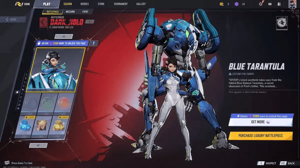 Peni Parker stands in front of the Blue Tarantula skin in the selection menu as part of an article about free Marvel Rivals skins.