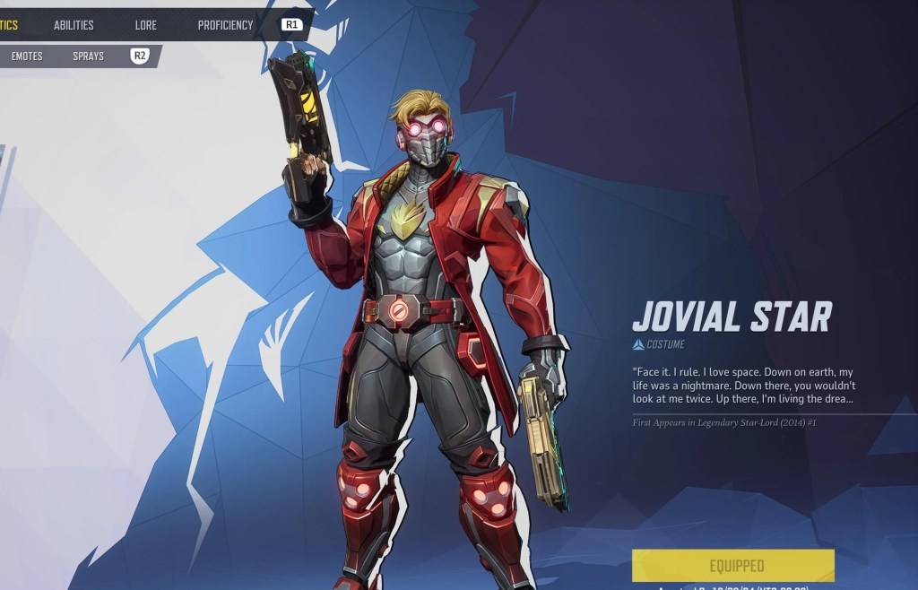 Star-Lord in his Jovial Star skin on the selection menu as part of an article about free Marvel Rivals skins.
