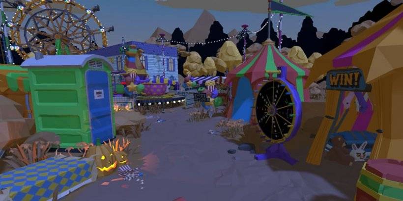 A screenshot of low poly carnival with multicoloured tents and other carnival games