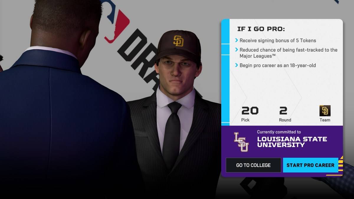 Choosing between college and pros in MLB The Show 25 Road to the Show.