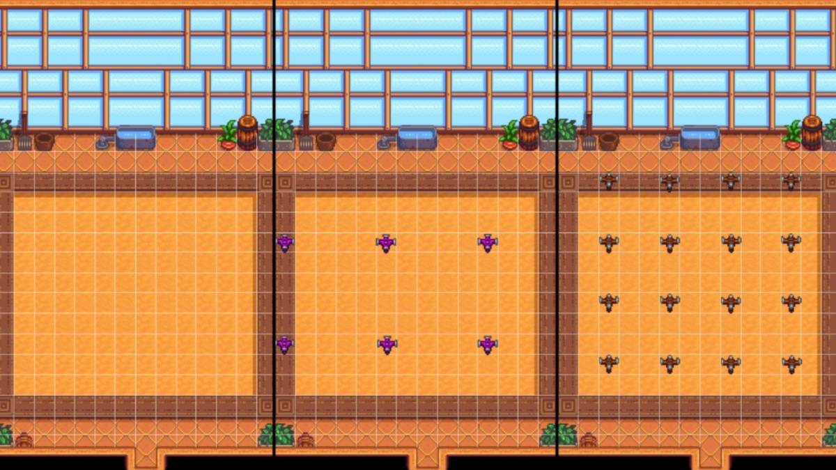 Sa loob ng greenhouse na may mga pandilig sa Stardew Valley.