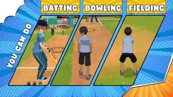 A screenshot of gameplay in Gully Gangs: Street Cricket showing batting, bowling, and fielding in action
