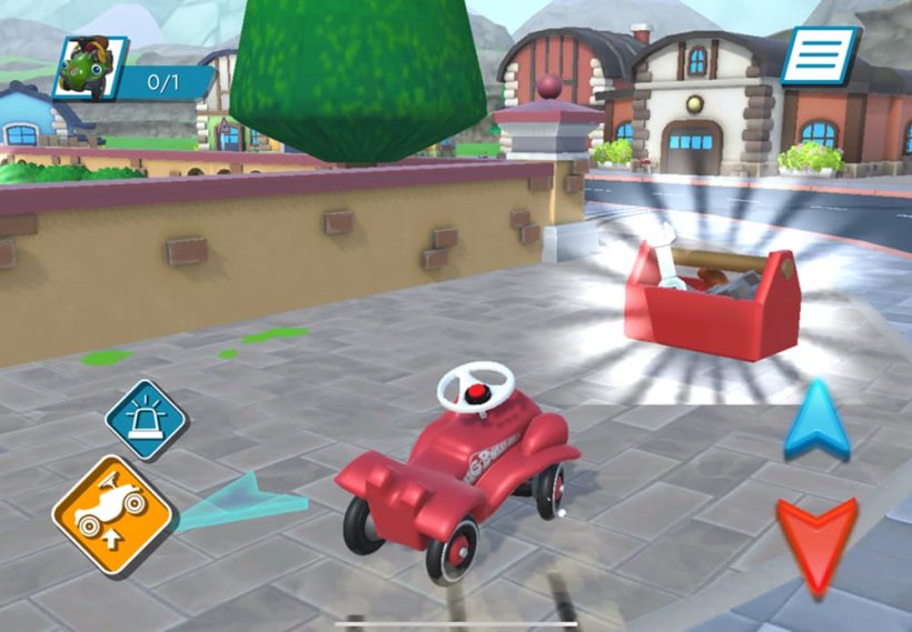 Captura de tela de um carro de brinquedo vermelho Slaloming em torno de uma pista com botões na tela