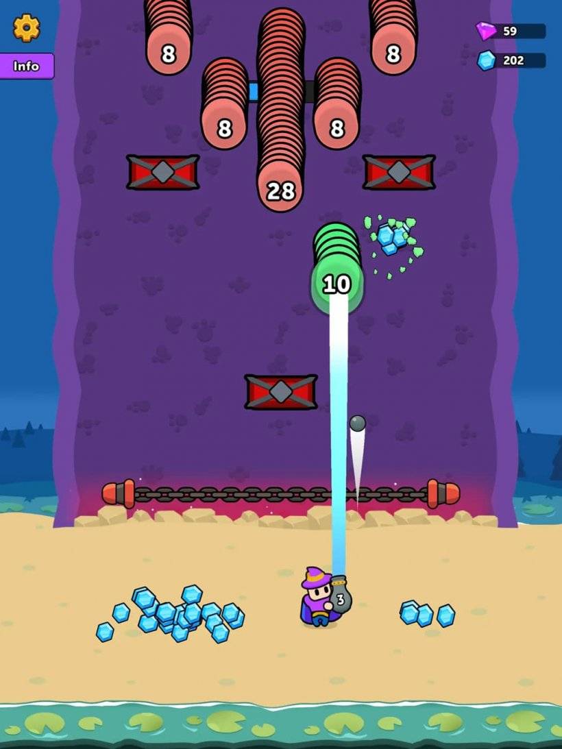 Tangkapan skrin Hero Dash: RPG dalam Tindakan Menunjukkan angka kecil yang berdiri di bawah pagar rantai melancarkan peluru berpandu di kristal