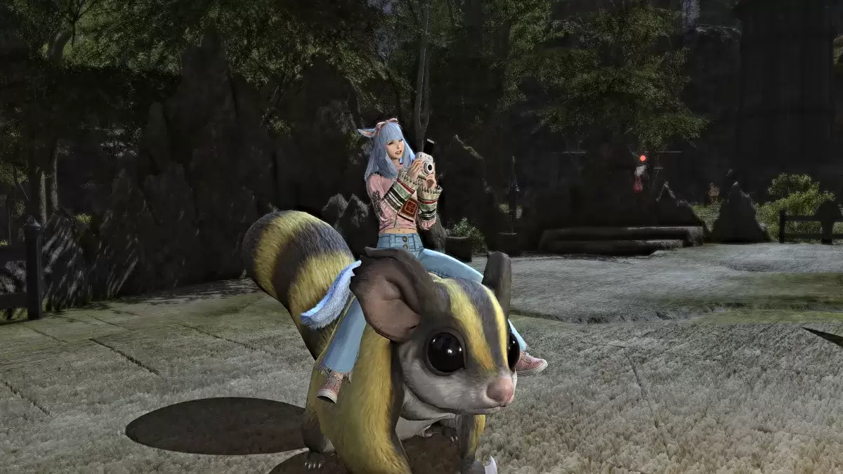 Screenshot of the Photograph emote used on a mount in FFXIV